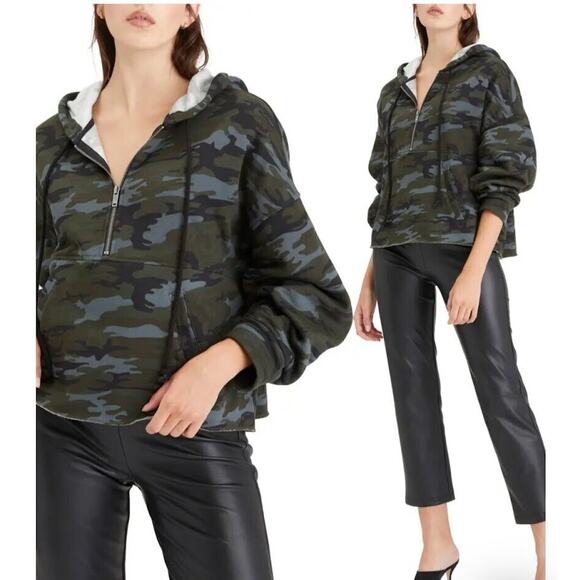 Sanctuary Crop Hoodie Sweatshirt Black Gray Camo XS Oversized Boxy 1/2 Zip - Picture 3 of 11